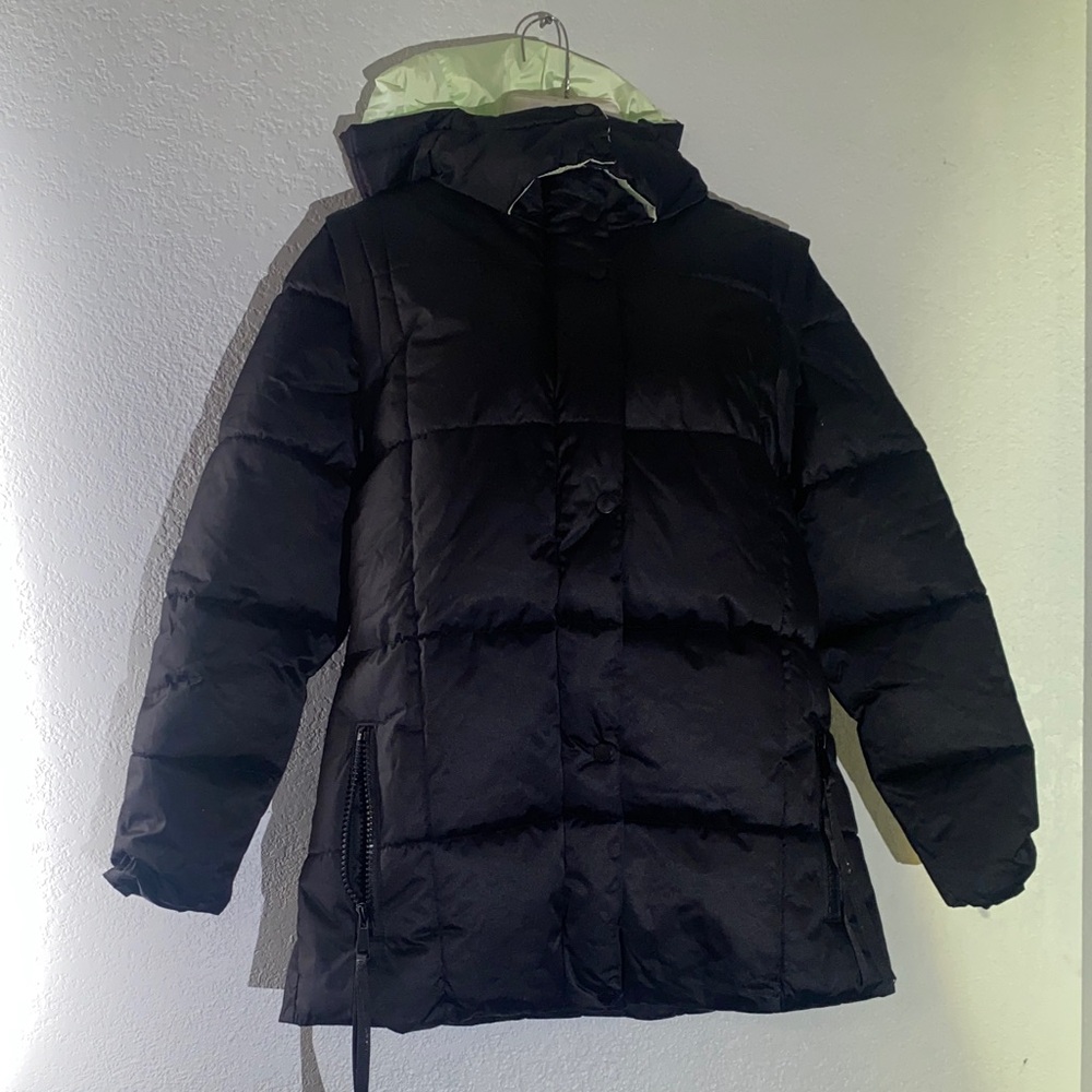 NEW Nicole Miller Black Hooded Puffer Jacket with Removable Sleeves M